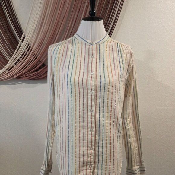 GAP Metallic Stripe Button Up Blouse Sz M - Picture 3 of 7